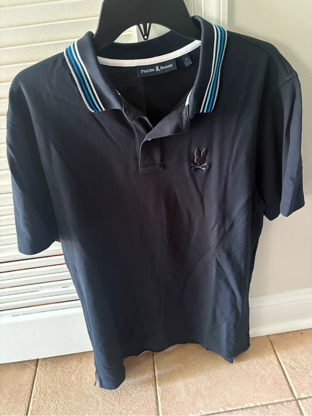 Psycho Bunny Men's Navy Polo Shirt with Striped Collar XL